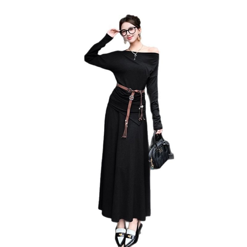 Off Shoulder Plain Tee & High Rise Maxi A-Line Skirt Set
