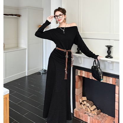 Off Shoulder Plain Tee & High Rise Maxi A-Line Skirt Set