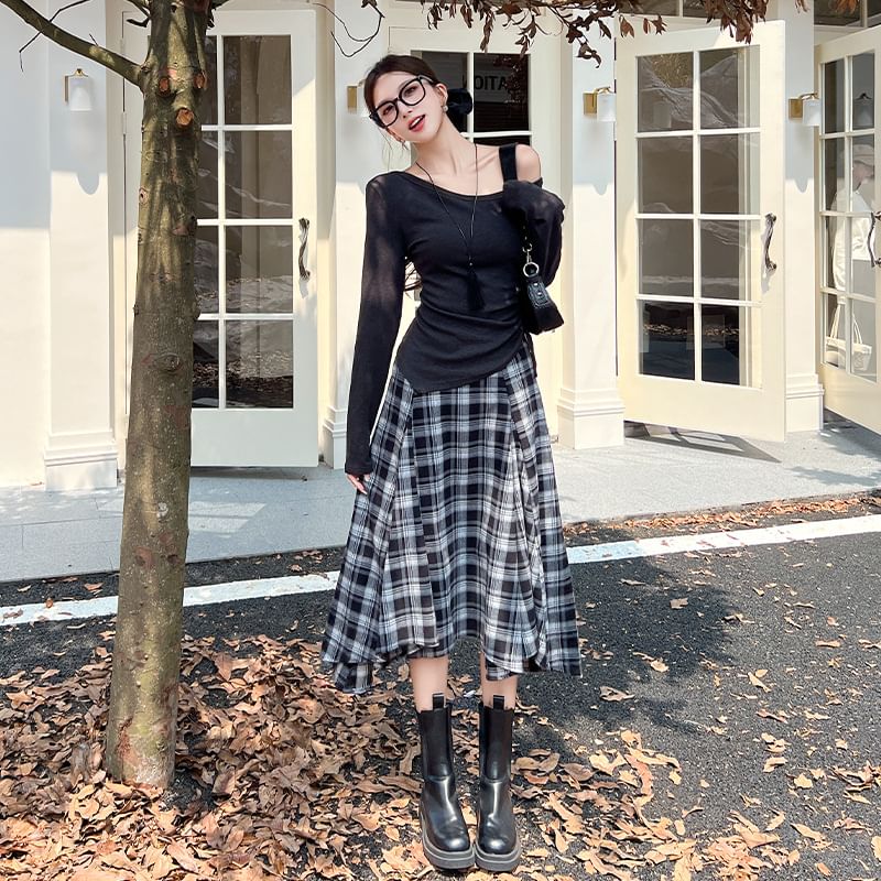 Off Shoulder Tie Waist Tee & High Rise Plaid Midi Skirt Set
