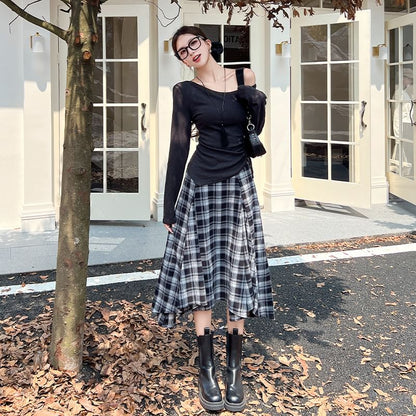 Off Shoulder Tie Waist Tee & High Rise Plaid Midi Skirt Set