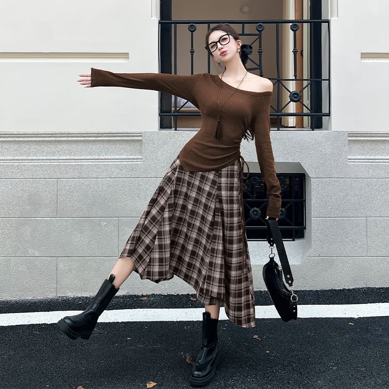 Off Shoulder Tie Waist Tee & High Rise Plaid Midi Skirt Set