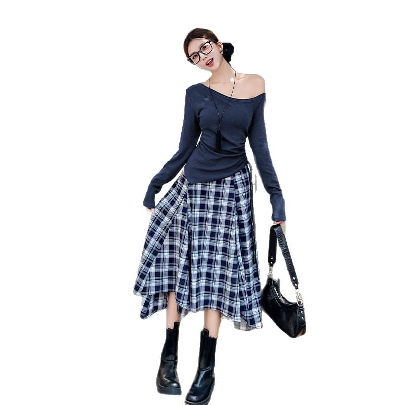 Off Shoulder Tie Waist Tee & High Rise Plaid Midi Skirt Set