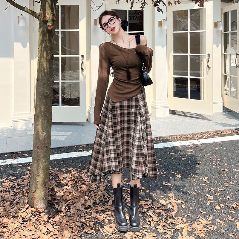 Off Shoulder Tie Waist Tee & High Rise Plaid Midi Skirt Set