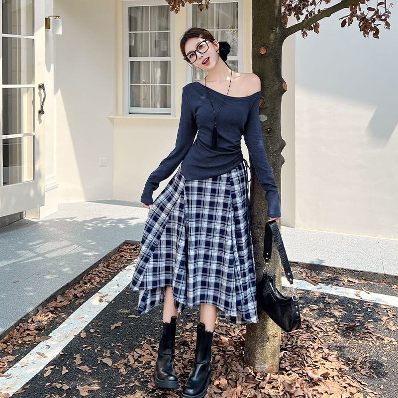 Off Shoulder Tie Waist Tee & High Rise Plaid Midi Skirt Set