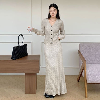 V-Neck Cable Knit Cardigan & High Rise Maxi A-Line Skirt Set
