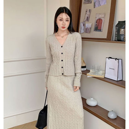 V-Neck Cable Knit Cardigan & High Rise Maxi A-Line Skirt Set