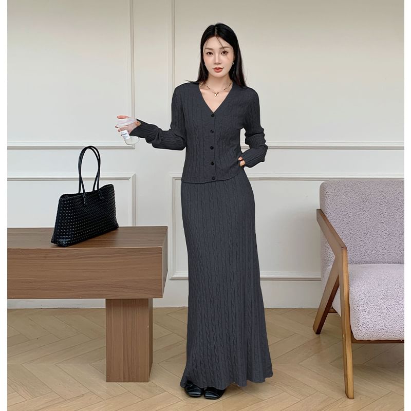 V-Neck Cable Knit Cardigan & High Rise Maxi A-Line Skirt Set