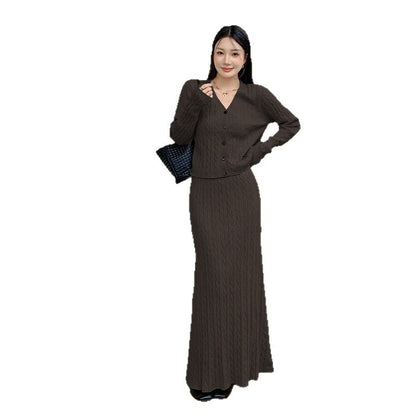 V-Neck Cable Knit Cardigan & High Rise Maxi A-Line Skirt Set