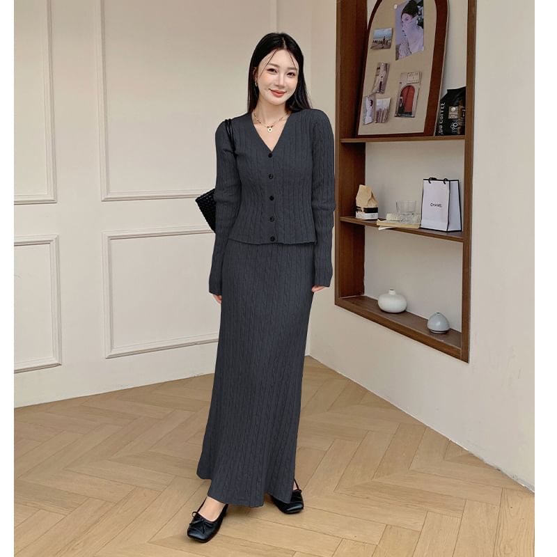 V-Neck Cable Knit Cardigan & High Rise Maxi A-Line Skirt Set