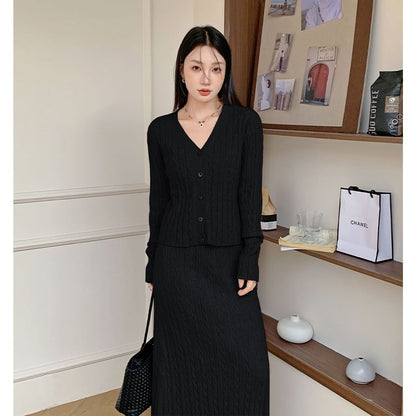 V-Neck Cable Knit Cardigan & High Rise Maxi A-Line Skirt Set