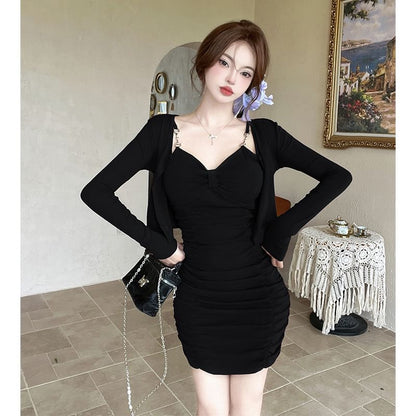 Set: Spaghetti Strap V-Neck Plain Ruched Mini Bodycon Dress + Plain Cardigan