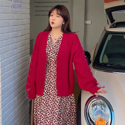 [XL-3XL] V-Neck Button-Up Plain Cable Knit Cardigan