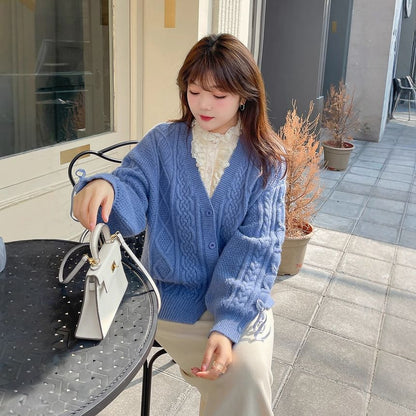 [XL-3XL] V-Neck Button-Up Plain Cable Knit Cardigan