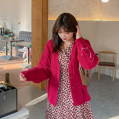 [XL-3XL] V-Neck Button-Up Plain Cable Knit Cardigan