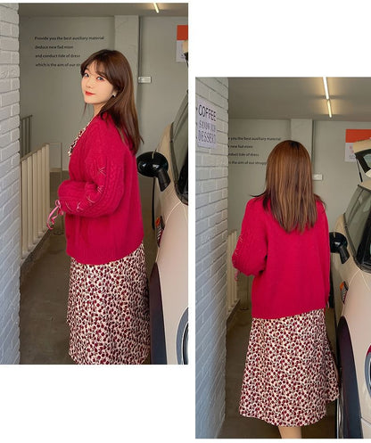 [XL-3XL] V-Neck Button-Up Plain Cable Knit Cardigan