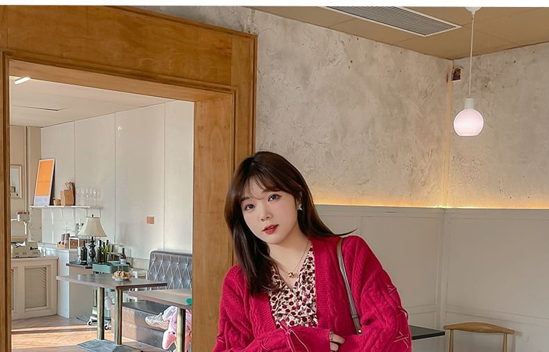 [XL-3XL] V-Neck Button-Up Plain Cable Knit Cardigan