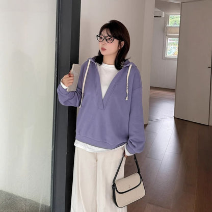 Two-Tone Drawstring Hoodie with Mock Two-Piece Design