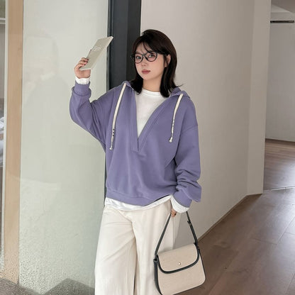 Two-Tone Drawstring Hoodie with Mock Two-Piece Design