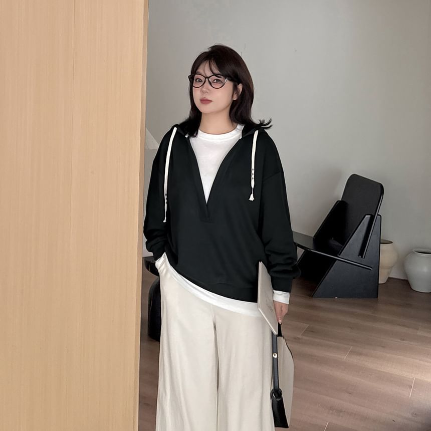 Two-Tone Drawstring Hoodie with Mock Two-Piece Design