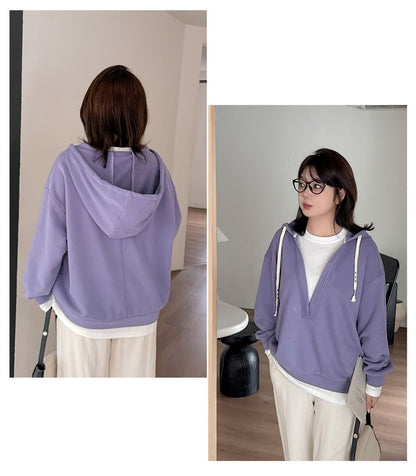 Two-Tone Drawstring Hoodie with Mock Two-Piece Design