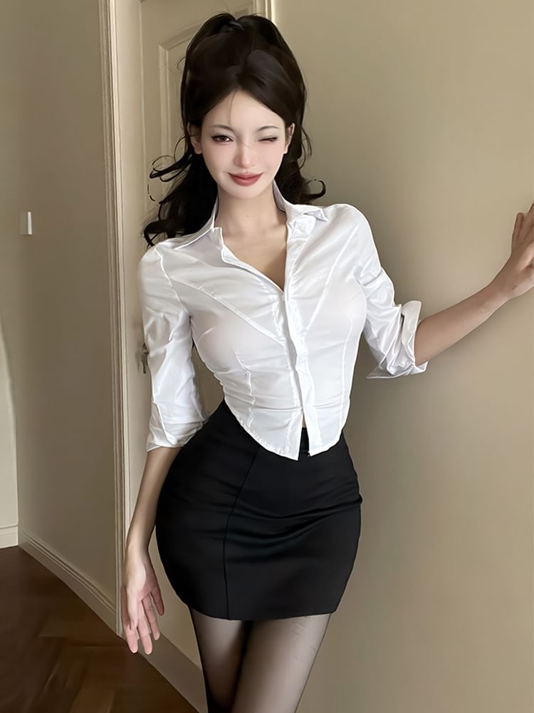 Long-Sleeve Crop Slim Fit Shirt & High Waist Mini Pencil Skirt Set