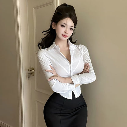 Long-Sleeve Crop Slim Fit Shirt & High Waist Mini Pencil Skirt Set
