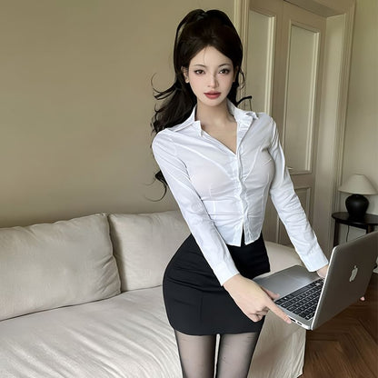 Long-Sleeve Crop Slim Fit Shirt & High Waist Mini Pencil Skirt Set