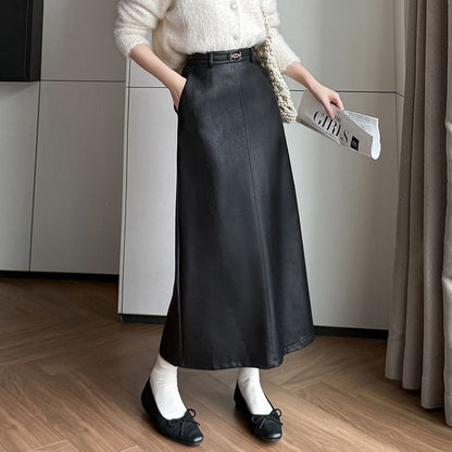 High Rise Slit Faux Leather Midi Straight Skirt