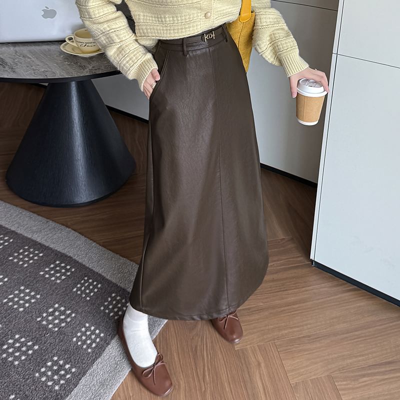 High Rise Slit Faux Leather Midi Straight Skirt