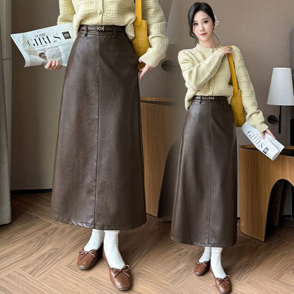 High Rise Slit Faux Leather Midi Straight Skirt