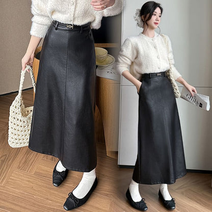 High Rise Slit Faux Leather Midi Straight Skirt