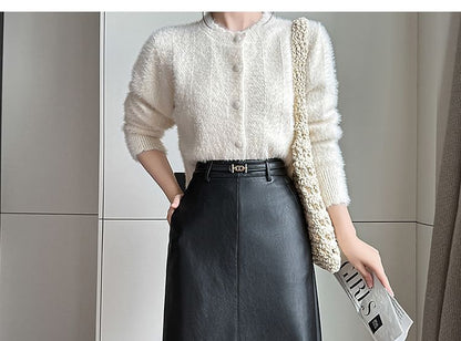 High Rise Slit Faux Leather Midi Straight Skirt