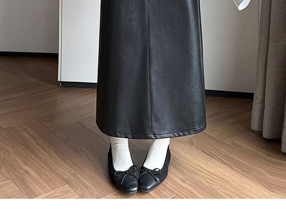 High Rise Slit Faux Leather Midi Straight Skirt