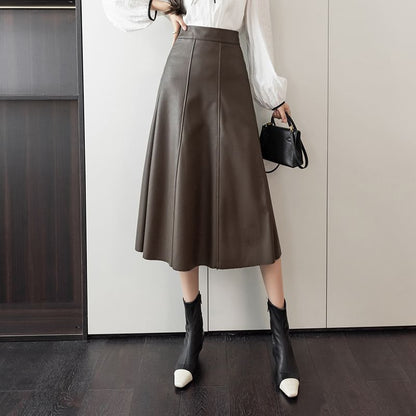 Faux Leather Midi A-Line Skirt