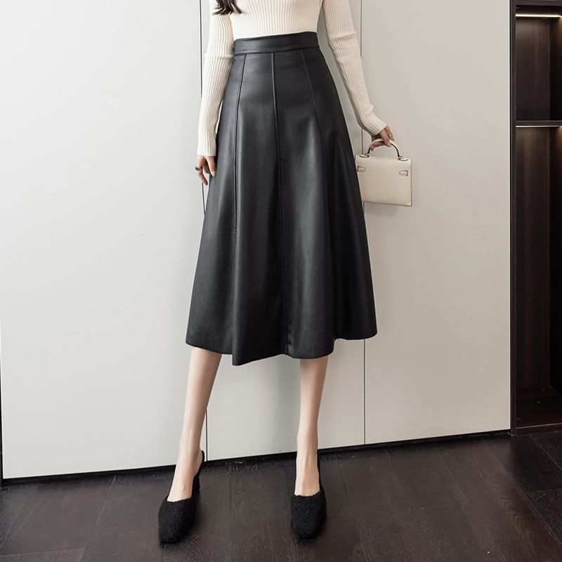 Faux Leather Midi A-Line Skirt