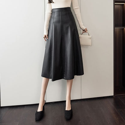 Faux Leather Midi A-Line Skirt