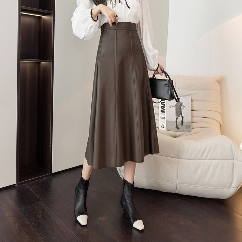 Faux Leather Midi A-Line Skirt
