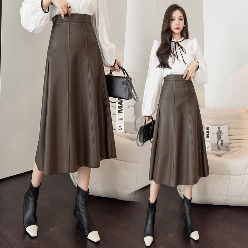 Faux Leather Midi A-Line Skirt