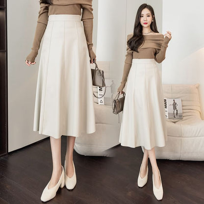 Faux Leather Midi A-Line Skirt