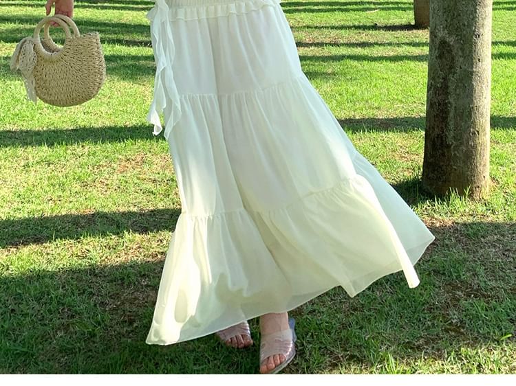 Halter Asymmetrical Ruffle Crop Top & Tiered Maxi Skirt Set
