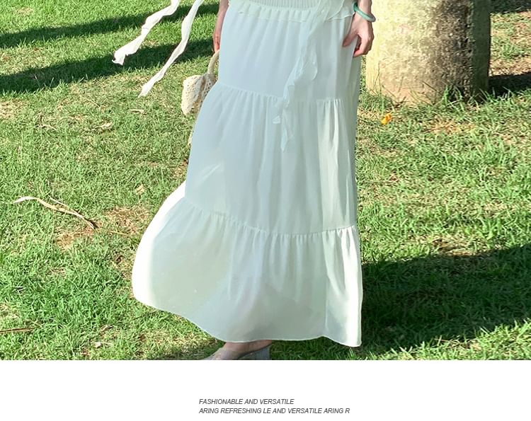 Halter Asymmetrical Ruffle Crop Top & Tiered Maxi Skirt Set