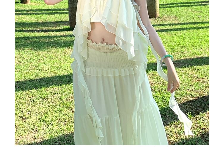 Halter Asymmetrical Ruffle Crop Top & Tiered Maxi Skirt Set