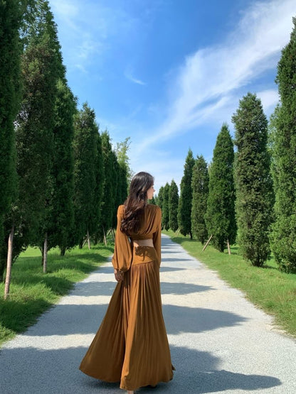 Cropped Blouse & Maxi Skirt Set - Round Neck, Long Sleeve