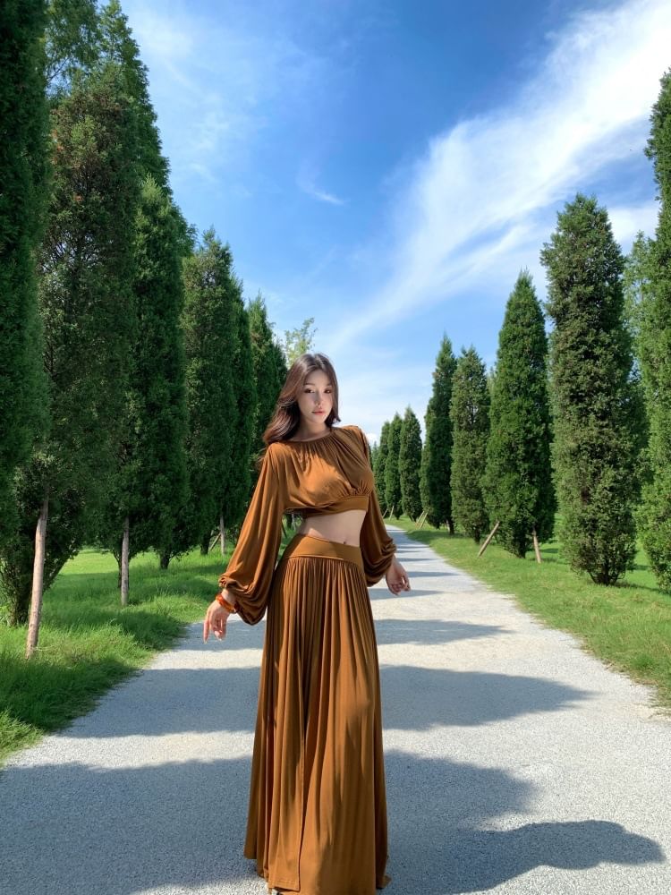 Cropped Blouse & Maxi Skirt Set - Round Neck, Long Sleeve