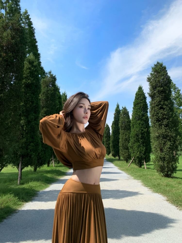Cropped Blouse & Maxi Skirt Set - Round Neck, Long Sleeve