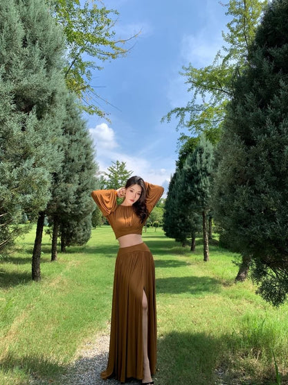 Cropped Blouse & Maxi Skirt Set - Round Neck, Long Sleeve