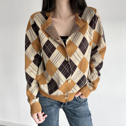Round Neck Argyle Cardigan