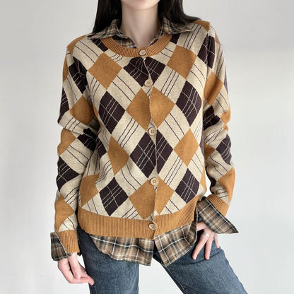 Round Neck Argyle Cardigan