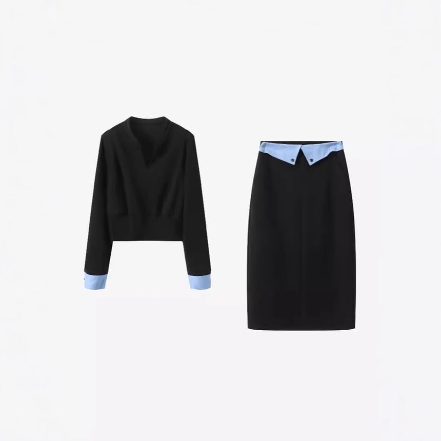 Two-Tone T-Shirt & Pencil Skirt Set - V-Neck, High Rise