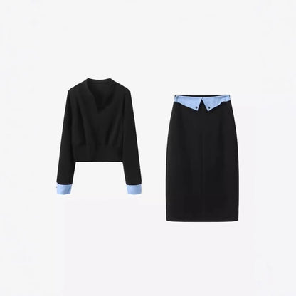 Two-Tone T-Shirt & Pencil Skirt Set - V-Neck, High Rise